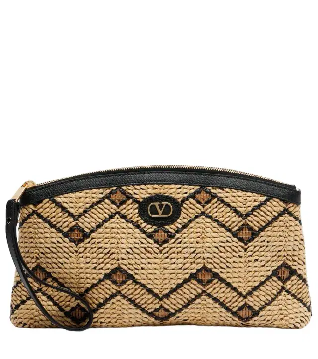 VLogo Small leather-trimmed raffia pouch