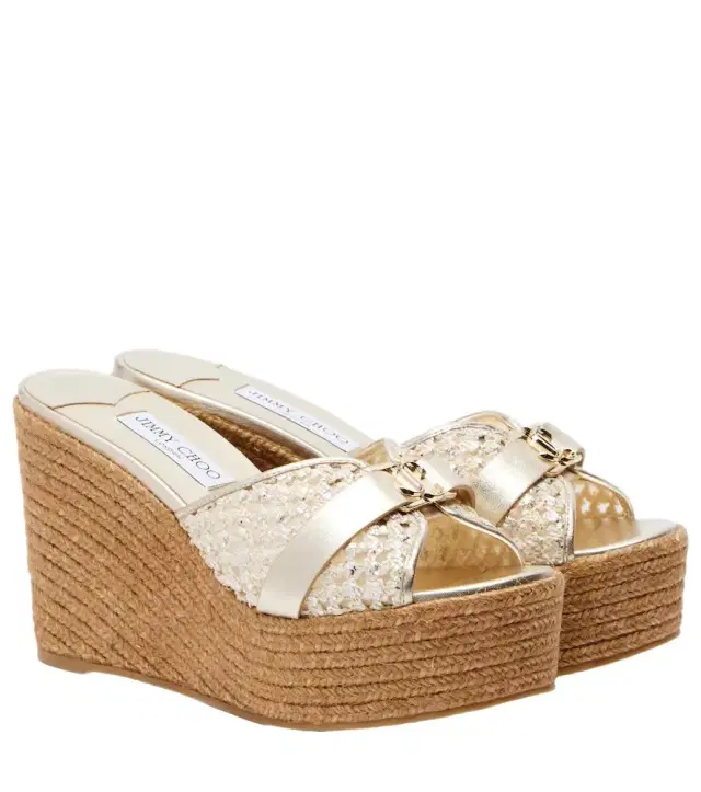 Jimmy Choo Leda raffia-trimmed leather wedge espadrilles