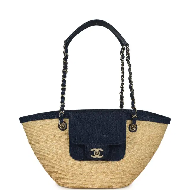 Chanel Chanel Small Coco Beach Shopping Tote Bag Bag Beige Raffia and Dark Blue Denim Light Gold Hardware