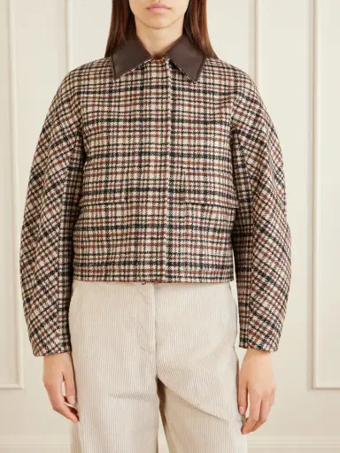Brunello Cucinelli Checked Leather-trimmed Wool-blend Jacket | Thumbnail 3 Brunello Cucinelli Checked Leather-trimmed Wool-blend Jacket | Thumbnail 3