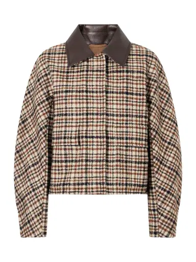 Brunello Cucinelli Checked Leather-trimmed Wool-blend Jacket | Thumbnail 1 Brunello Cucinelli Checked Leather-trimmed Wool-blend Jacket | Thumbnail 1
