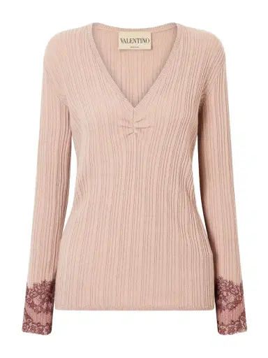 Valentino Garavani Lace-trimmed Ribbed Cashmere Sweater | Thumbnail 1