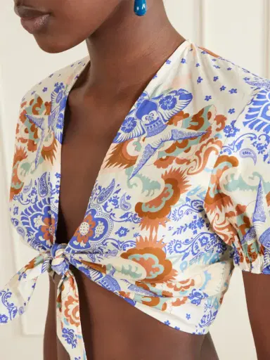 Emporio Sirenuse Poppy Knotted Printed Cotton-poplin Cropped Top | Thumbnail 4