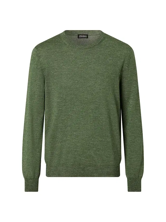 ZEGNA Men's Silk Cashmere and Linen Crewneck Sweater - Pine Green Melange