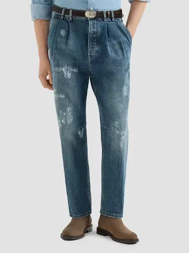 Brunello Cucinelli Men's Comfort Cotton Denim Iconic Fit Five-Pocket Jeans with Double Pleats - Medium Denim | Thumbnail 2 Brunello Cucinelli Men's Comfort Cotton Denim Iconic Fit Five-Pocket Jeans with Double Pleats - Medium Denim | Thumbnail 2