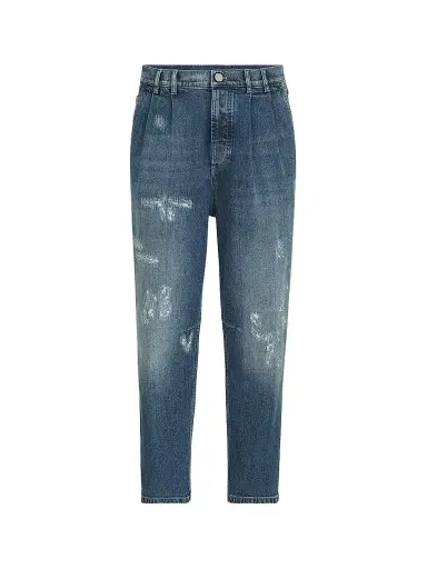 Brunello Cucinelli Men's Comfort Cotton Denim Iconic Fit Five-Pocket Jeans with Double Pleats - Medium Denim | Thumbnail 1 Brunello Cucinelli Men's Comfort Cotton Denim Iconic Fit Five-Pocket Jeans with Double Pleats - Medium Denim | Thumbnail 1