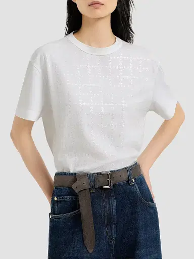 Brunello Cucinelli Women's Cotton Jersey T-Shirt with Dazzling Windowpane Embroidery - White | Thumbnail 2 Brunello Cucinelli Women's Cotton Jersey T-Shirt with Dazzling Windowpane Embroidery - White | Thumbnail 2