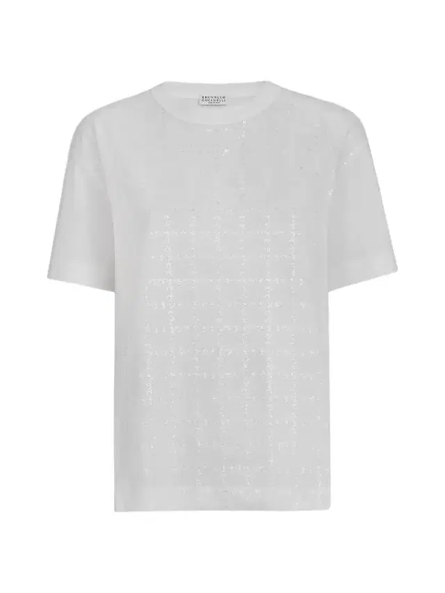 Brunello Cucinelli Women's Cotton Jersey T-Shirt with Dazzling Windowpane Embroidery - White