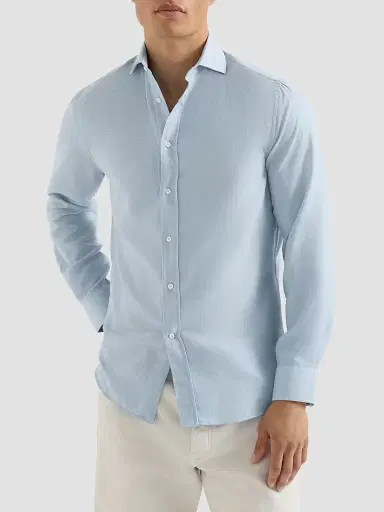 Brunello Cucinelli Men's Cotton and Cashmere Denim-Effect Diagonal Shirt - Sky Blue - Size XXXXL | Thumbnail 2