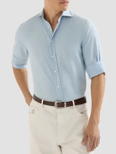 Brunello Cucinelli Men's Cotton and Cashmere Denim-Effect Diagonal Shirt - Sky Blue - Size XXXXL | Thumbnail 5