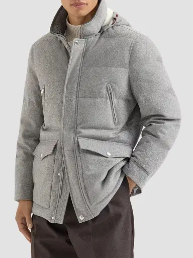 Brunello Cucinelli Men's Bonded Wool Flannel Down Parka Jacket - Light Grey - Size XXXXL | Thumbnail 2