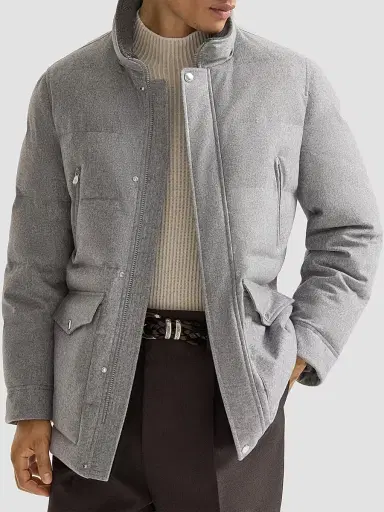 Brunello Cucinelli Men's Bonded Wool Flannel Down Parka Jacket - Light Grey - Size XXXXL | Thumbnail 5