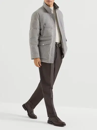 Brunello Cucinelli Men's Bonded Wool Flannel Down Parka Jacket - Light Grey - Size XXXXL | Thumbnail 6