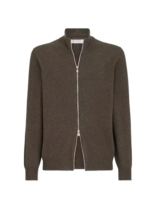 Brunello Cucinelli Men's Cashmere High-Neck Cardigan with Zipper - Brown