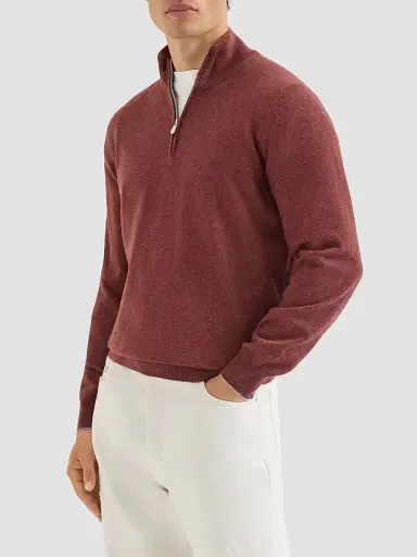 Brunello Cucinelli Men's Cashmere Sweater with Half Zip - Burgundy - Size 48 | Thumbnail 2 Brunello Cucinelli Men's Cashmere Sweater with Half Zip - Burgundy - Size 48 | Thumbnail 2