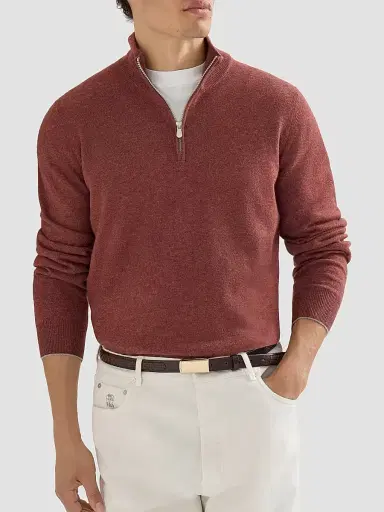 Brunello Cucinelli Men's Cashmere Sweater with Half Zip - Burgundy - Size 48 | Thumbnail 5 Brunello Cucinelli Men's Cashmere Sweater with Half Zip - Burgundy - Size 48 | Thumbnail 5