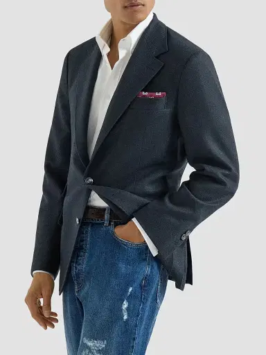 Brunello Cucinelli Men's Mouliné Virgin Wool Twill Deconstructed Cavallo Blazer - Navy Blue - Size 48 | Thumbnail 2