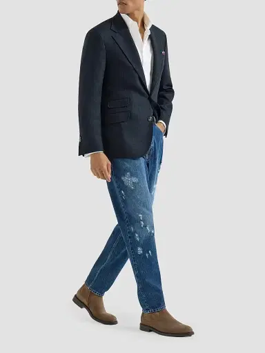 Brunello Cucinelli Men's Mouliné Virgin Wool Twill Deconstructed Cavallo Blazer - Navy Blue - Size 48 | Thumbnail 6