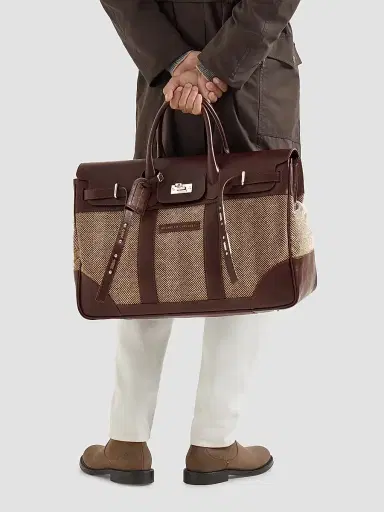 Brunello Cucinelli Men's Burnished Calfskin and Chevron Effect Techno Fabric Country Bag - Brown | Thumbnail 2 Brunello Cucinelli Men's Burnished Calfskin and Chevron Effect Techno Fabric Country Bag - Brown | Thumbnail 2