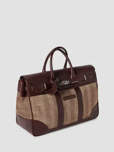 Brunello Cucinelli Men's Burnished Calfskin and Chevron Effect Techno Fabric Country Bag - Brown | Thumbnail 4 Brunello Cucinelli Men's Burnished Calfskin and Chevron Effect Techno Fabric Country Bag - Brown | Thumbnail 4