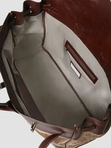 Brunello Cucinelli Men's Burnished Calfskin and Chevron Effect Techno Fabric Country Bag - Brown | Thumbnail 5 Brunello Cucinelli Men's Burnished Calfskin and Chevron Effect Techno Fabric Country Bag - Brown | Thumbnail 5