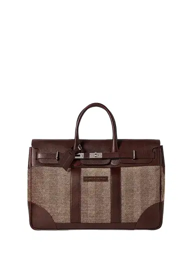 Brunello Cucinelli Men's Burnished Calfskin and Chevron Effect Techno Fabric Country Bag - Brown | Thumbnail 1 Brunello Cucinelli Men's Burnished Calfskin and Chevron Effect Techno Fabric Country Bag - Brown | Thumbnail 1