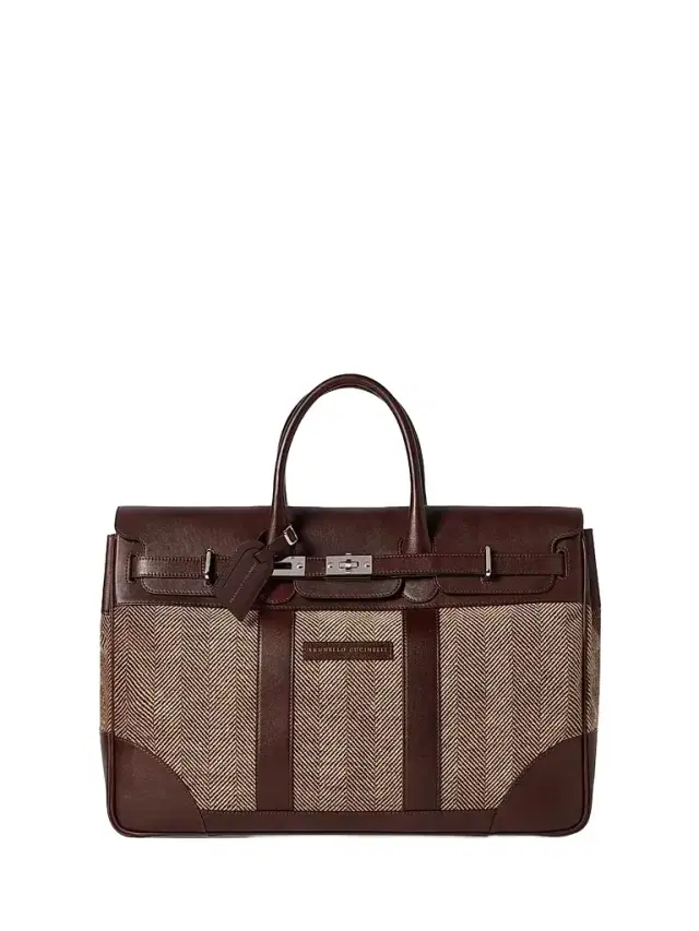 Brunello Cucinelli Men's Burnished Calfskin and Chevron Effect Techno Fabric Country Bag - Brown