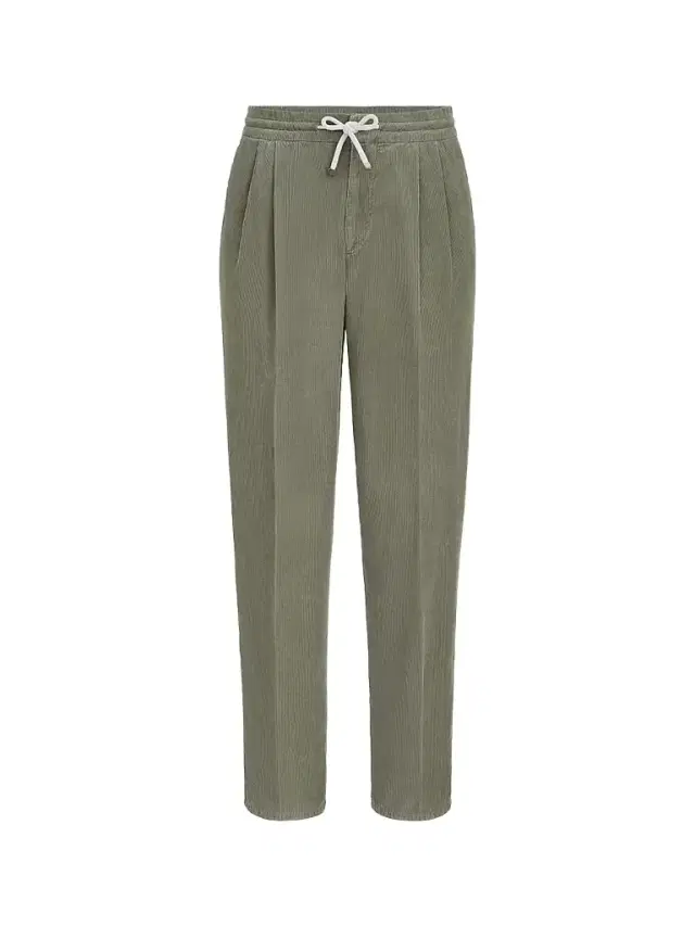 Brunello Cucinelli Men's Garment-Dyed Trousers in Cotton Narrow Wale Corduroy - Military