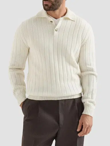 Brunello Cucinelli Men's Cashmere Ribbed Knit Polo Shirt - Panama - Size 48 | Thumbnail 2 Brunello Cucinelli Men's Cashmere Ribbed Knit Polo Shirt - Panama - Size 48 | Thumbnail 2