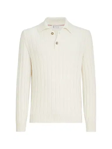 Brunello Cucinelli Men's Cashmere Ribbed Knit Polo Shirt - Panama - Size 48 | Thumbnail 1 Brunello Cucinelli Men's Cashmere Ribbed Knit Polo Shirt - Panama - Size 48 | Thumbnail 1