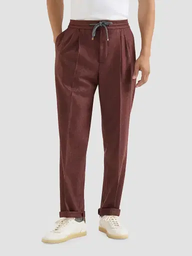 Brunello Cucinelli Men's Virgin Wool and Cashmere Flannel Trousers with Drawstring and Double Pleats | Thumbnail 2