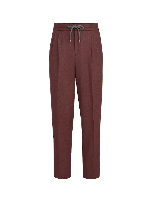Men's Virgin Wool and Cashmere Flannel Trousers with Drawstring and Double Pleats - Burned