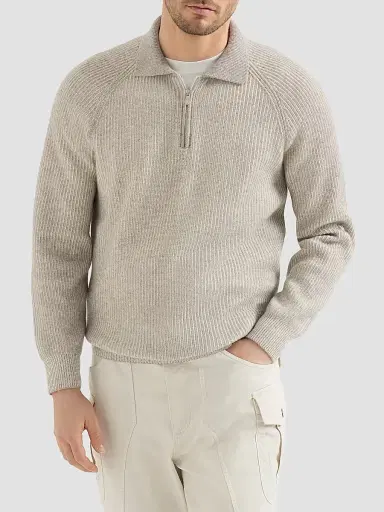 Brunello Cucinelli Men's Cashmere Vanisé English Rib Knit Polo with Half Zip - Grey - Size 46 | Thumbnail 2