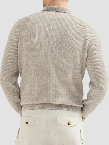 Brunello Cucinelli Men's Cashmere Vanisé English Rib Knit Polo with Half Zip - Grey - Size 46 | Thumbnail 3