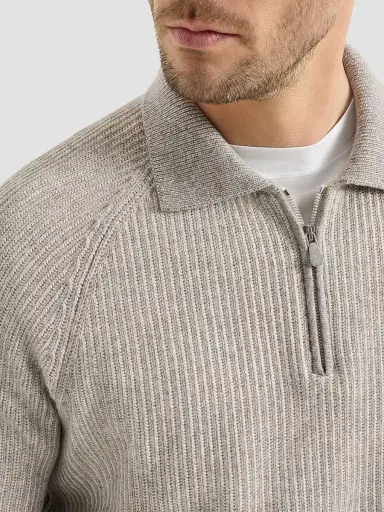 Brunello Cucinelli Men's Cashmere Vanisé English Rib Knit Polo with Half Zip - Grey - Size 46 | Thumbnail 4