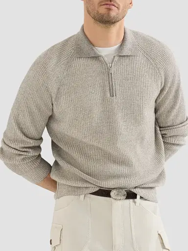 Brunello Cucinelli Men's Cashmere Vanisé English Rib Knit Polo with Half Zip - Grey - Size 46 | Thumbnail 5