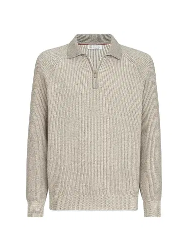 Brunello Cucinelli Men's Cashmere Vanisé English Rib Knit Polo with Half Zip - Grey - Size 46 | Thumbnail 1