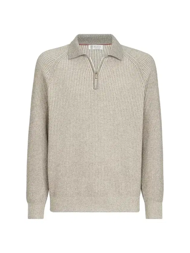 Men's Cashmere Vanisé English Rib Knit Polo with Half Zip - Grey