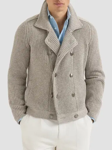 Brunello Cucinelli Men's Cashmere Half English Rib Mariner Cardigan - Light Brown - Size 44 | Thumbnail 2 Brunello Cucinelli Men's Cashmere Half English Rib Mariner Cardigan - Light Brown - Size 44 | Thumbnail 2