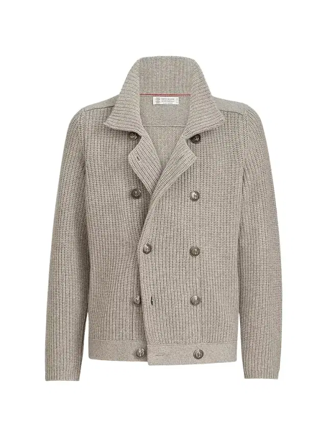Brunello Cucinelli Men's Cashmere Half English Rib Mariner Cardigan - Light Brown