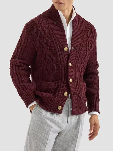 Brunello Cucinelli Men's Cashmere Feather Yarn Cable Knit Cardigan - Burgundy - Size 44 | Thumbnail 2