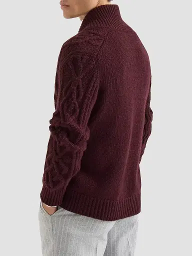 Brunello Cucinelli Men's Cashmere Feather Yarn Cable Knit Cardigan - Burgundy - Size 44 | Thumbnail 3