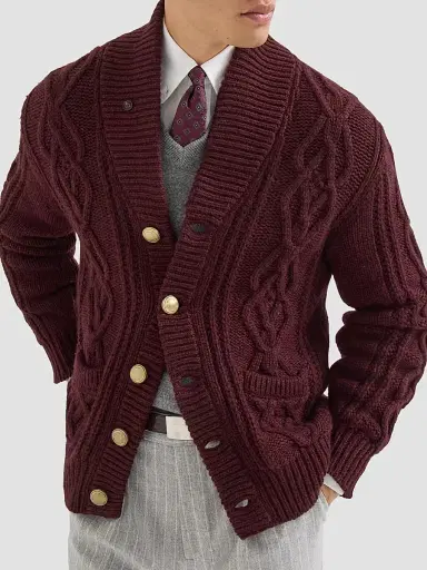 Brunello Cucinelli Men's Cashmere Feather Yarn Cable Knit Cardigan - Burgundy - Size 44 | Thumbnail 4