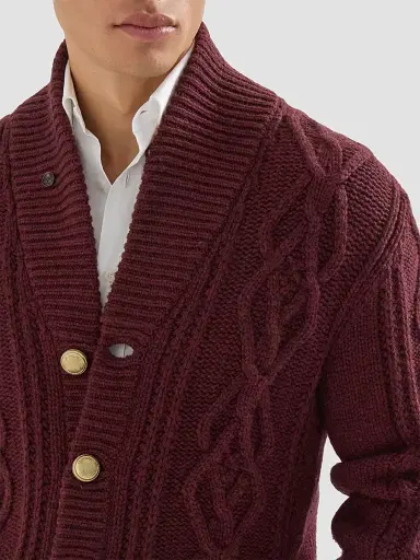 Brunello Cucinelli Men's Cashmere Feather Yarn Cable Knit Cardigan - Burgundy - Size 44 | Thumbnail 5