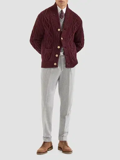 Brunello Cucinelli Men's Cashmere Feather Yarn Cable Knit Cardigan - Burgundy - Size 44 | Thumbnail 6
