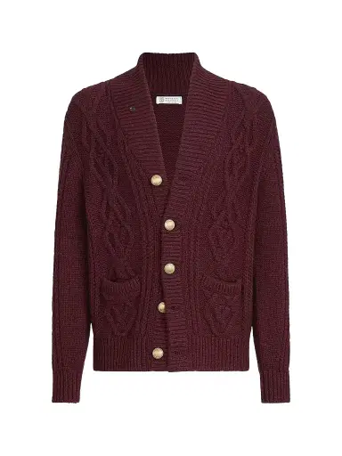 Brunello Cucinelli Men's Cashmere Feather Yarn Cable Knit Cardigan - Burgundy - Size 44 | Thumbnail 1