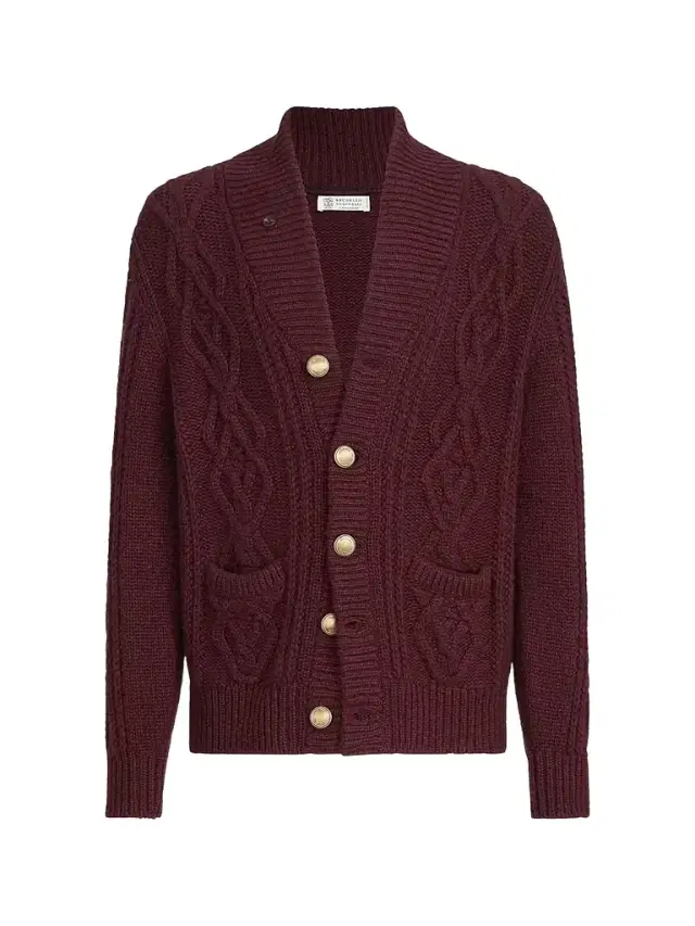 Men's Cashmere Feather Yarn Cable Knit Cardigan - Burgundy