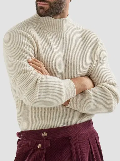 Brunello Cucinelli Men's Cashmere English Rib Turtleneck Sweater - Panama - Size 50 | Thumbnail 4