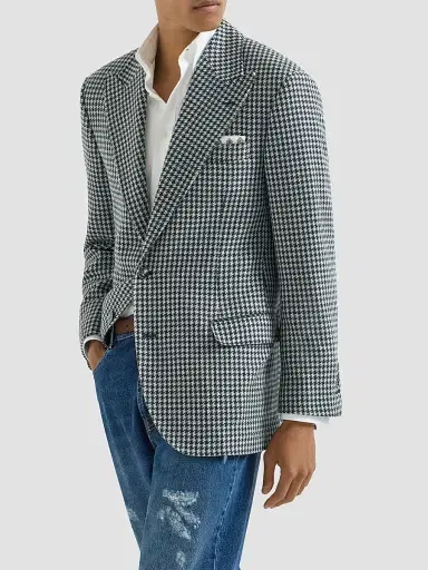 Brunello Cucinelli Men's Cashmere Macro Houndstooth Tailor Blazer with Peak Lapels - Navy Blue - Size 48 | Thumbnail 3 Brunello Cucinelli Men's Cashmere Macro Houndstooth Tailor Blazer with Peak Lapels - Navy Blue - Size 48 | Thumbnail 3