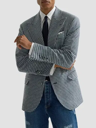 Brunello Cucinelli Men's Cashmere Macro Houndstooth Tailor Blazer with Peak Lapels - Navy Blue - Size 48 | Thumbnail 5 Brunello Cucinelli Men's Cashmere Macro Houndstooth Tailor Blazer with Peak Lapels - Navy Blue - Size 48 | Thumbnail 5